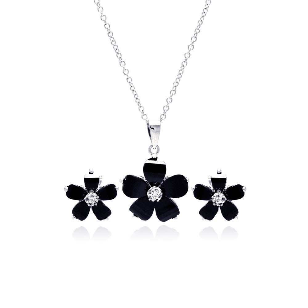 Sterling Silver Rhodium Plated Black Flower and Clear CZ Stud Earring and Dangling Necklace Set
