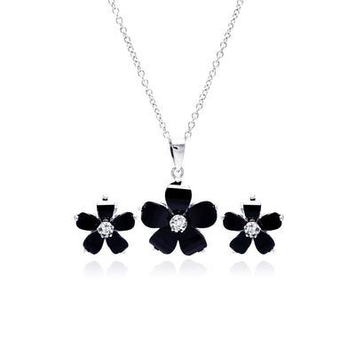 Sterling Silver Rhodium Plated Black Flower and Clear CZ Stud Earring and Dangling Necklace Set