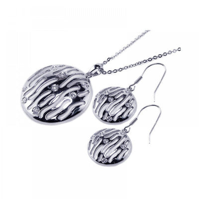 Sterling Silver Rhodium Plated Round Open Zebra Stripe Clear CZ Hook Earring and Dangling Necklace Set