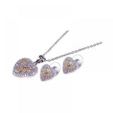 Sterling Silver Rhodium Plated Multi Colored Heart CZ Stud Earring and Dangling Necklace Set