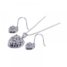 Load image into Gallery viewer, Sterling Silver Rhodium Plated Clear Heart CZ Hook Earring and Dangling Necklace Set