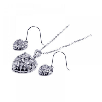 Sterling Silver Rhodium Plated Clear Heart CZ Hook Earring and Dangling Necklace Set