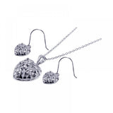 Sterling Silver Rhodium Plated Clear Heart CZ Hook Earring and Dangling Necklace Set