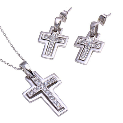 Sterling Silver Rhodium Plated Clear Inlay Cross CZ Dangling Stud Earring and Dangling Necklace Set