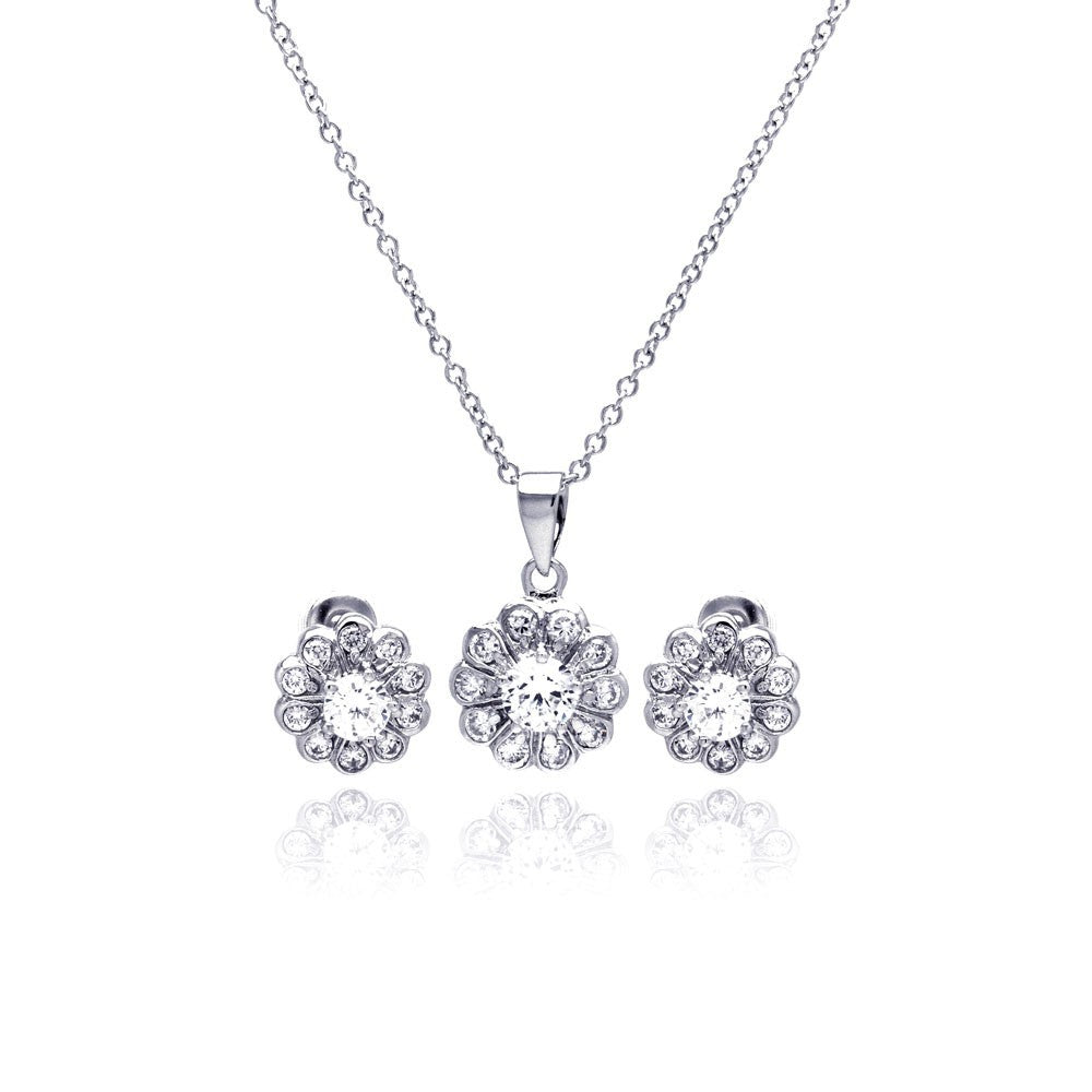 Sterling Silver Rhodium Plated Clear Flower CZ Stud Earring and Necklace Set