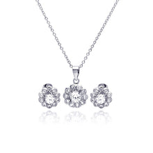 Load image into Gallery viewer, Sterling Silver Rhodium Plated Clear Flower CZ Stud Earring and Necklace Set