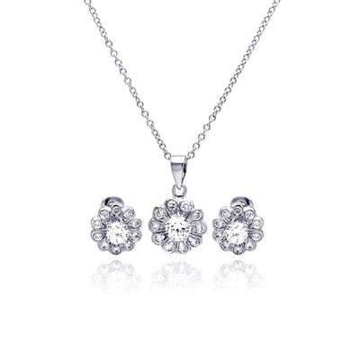 Sterling Silver Rhodium Plated Clear Flower CZ Stud Earring and Necklace Set