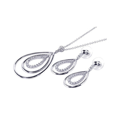 Sterling Silver Rhodium Plated Clear Open Tear Drop CZ Dangling Stud Earring and Dangling Necklace Set