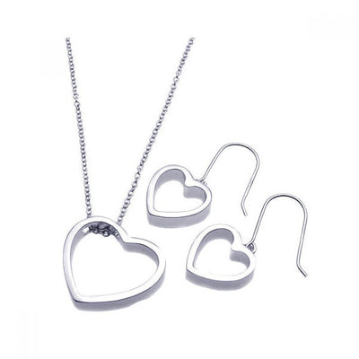 Sterling Silver Rhodium Plated Open Heart Hook Earring and Necklace Set