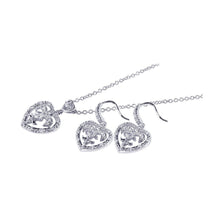 Load image into Gallery viewer, Sterling Silver Rhodium Plated Clear Heart Crest CZ Hook Earring and Dangling Necklace Set
