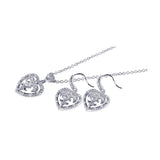 Sterling Silver Rhodium Plated Clear Heart Crest CZ Hook Earring and Dangling Necklace Set