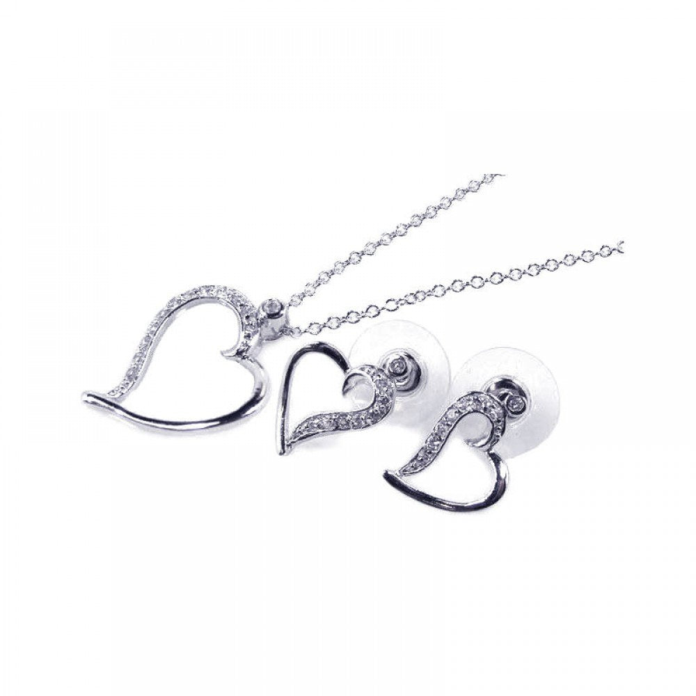 Sterling Silver Rhodium Plated Clear Open Heart CZ Stud Earring and Necklace Set