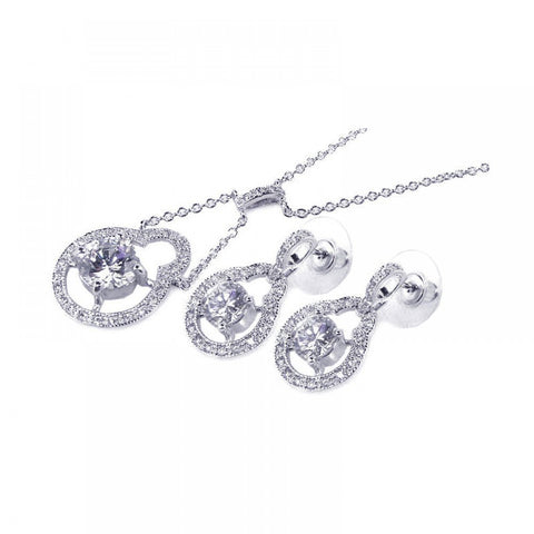 Sterling Silver Rhodium Plated Round Circle Open Clear Center CZ Dangling Stud Earring and Dangling Necklace Set