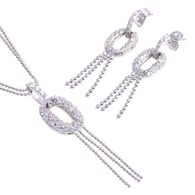 Sterling Silver Rhodium Plated Clear Micro Pave Open Circle CZ Dangling Stud Earring and Dangling Necklace Set