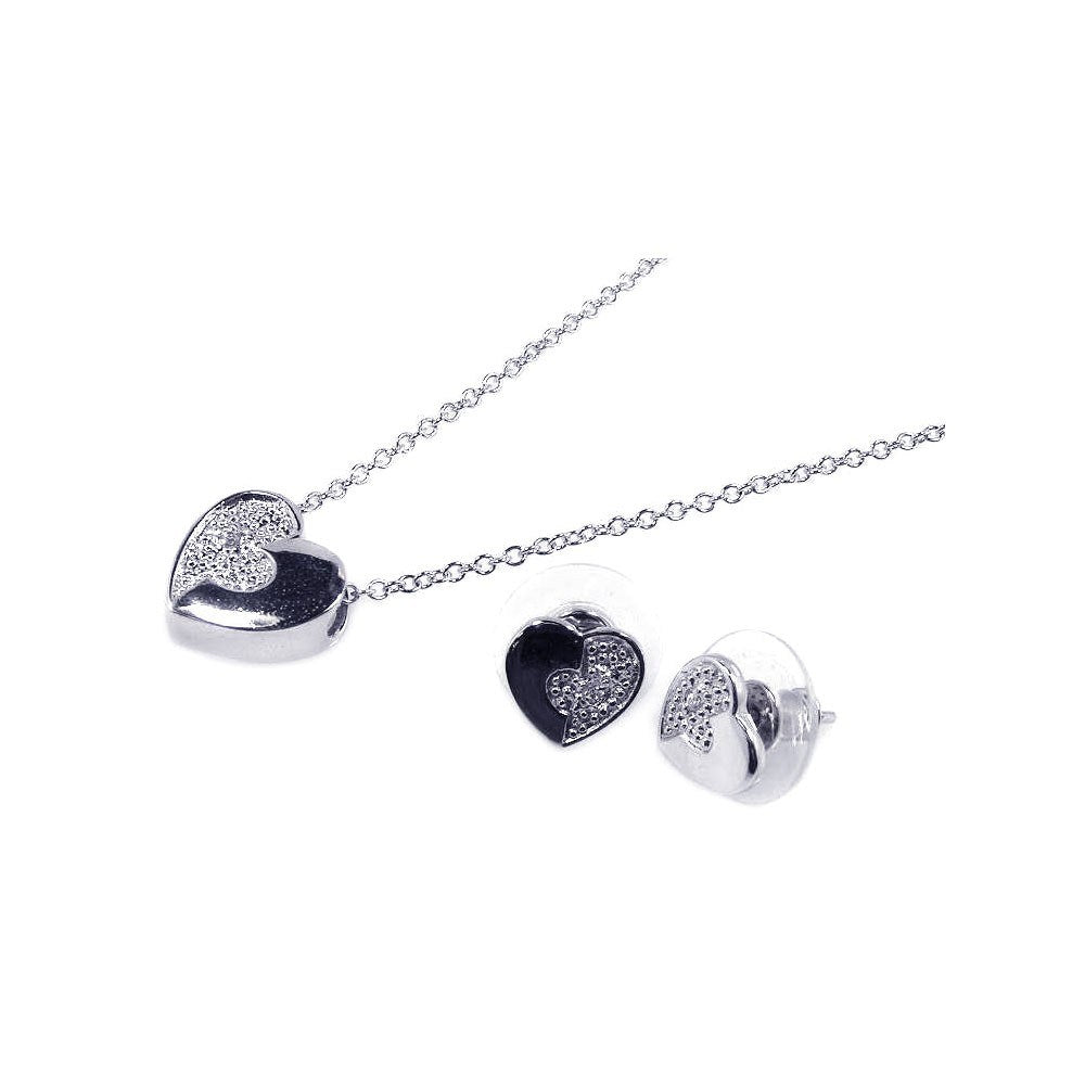 Sterling Silver Rhodium Plated Clear Half Micro Pave Heart CZ Stud Earring and Necklace Set