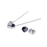 Sterling Silver Rhodium Plated Clear Half Micro Pave Heart CZ Stud Earring and Necklace Set