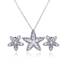 Load image into Gallery viewer, Sterling Silver Rhodium Plated Clear Star Flower CZ Stud Earring and Necklace Set