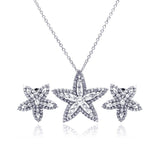 Sterling Silver Rhodium Plated Clear Star Flower CZ Stud Earring and Necklace Set