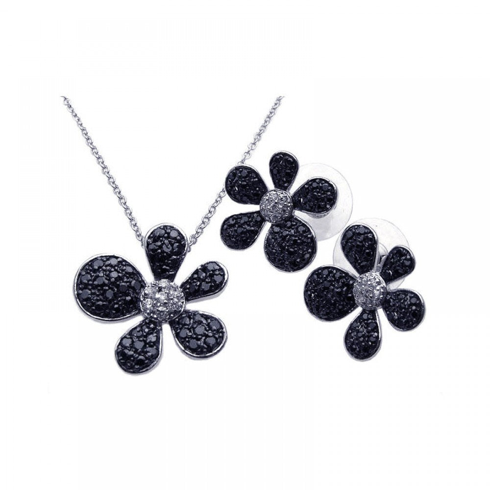 Sterling Silver Rhodium and Black Rhodium Plated Black and Clear Pave Set Flower CZ Stud Earring and Necklace Set