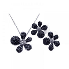 Load image into Gallery viewer, Sterling Silver Rhodium and Black Rhodium Plated Black and Clear Pave Set Flower CZ Stud Earring and Necklace Set