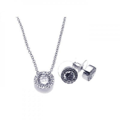 Sterling Silver Rhodium Plated Clear Round Pave Set CZ Stud Earring and Necklace Set