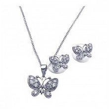Load image into Gallery viewer, Sterling Silver Rhodium Plated Clear Butterfly CZ Stud Earring and Necklace