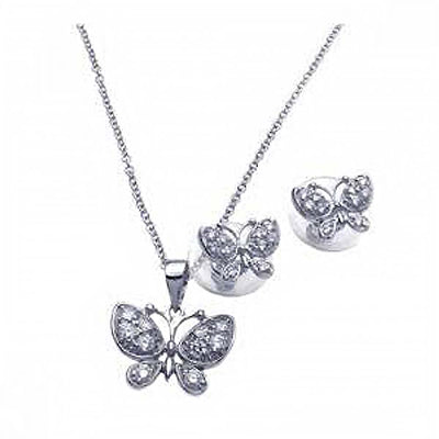 Sterling Silver Rhodium Plated Clear Butterfly CZ Stud Earring and Necklace