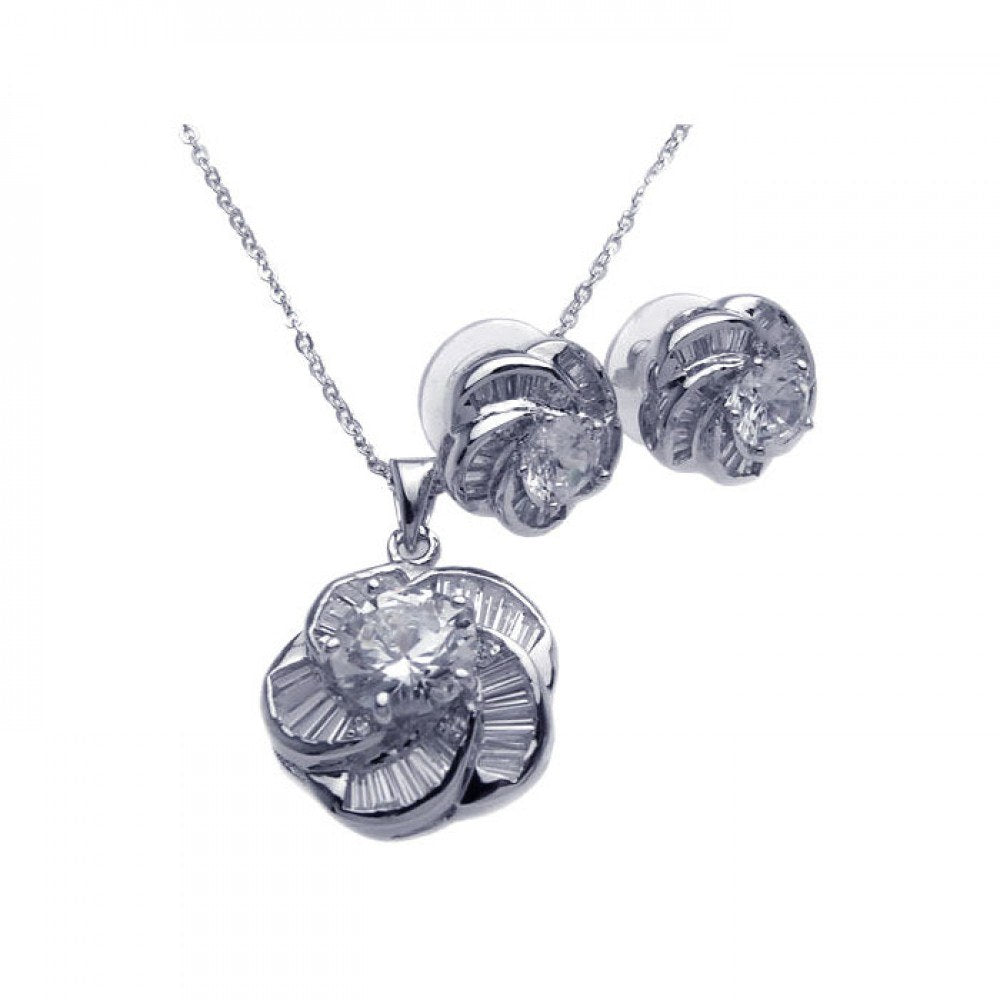 Sterling Silver Rhodium Plated Clear Baguette Spiral Flower CZ Stud Earring and Necklace Set