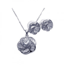 Load image into Gallery viewer, Sterling Silver Rhodium Plated Clear Baguette Spiral Flower CZ Stud Earring and Necklace Set