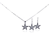 Sterling Silver Rhodium and Black Rhodium Plated Black and Clear Star CZ Hook Earring and Dangling Necklace Set