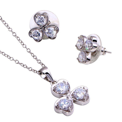 Sterling Silver Rhodium Plated Clear Clover Leaf CZ Stud Earring and Necklace Set