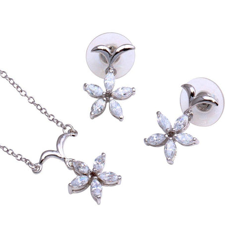 Sterling Silver Rhodium Plated Clear Mini Flower CZ Stud Earring and Necklace Set