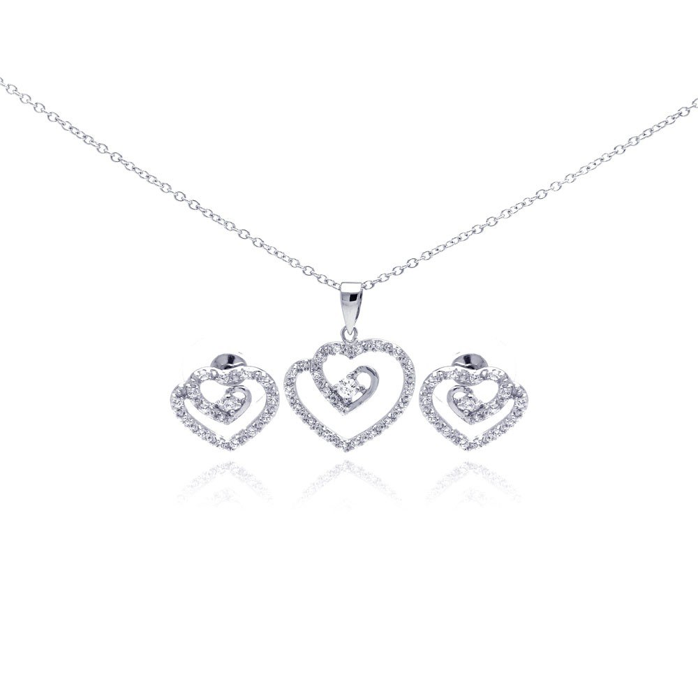 Sterling Silver Rhodium Plated Swirl Open Heart Clear CZ Stud Earring and Dangling Necklace Set