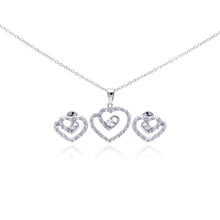 Load image into Gallery viewer, Sterling Silver Rhodium Plated Swirl Open Heart Clear CZ Stud Earring and Dangling Necklace Set