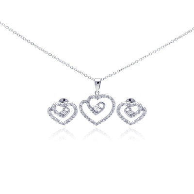 Sterling Silver Rhodium Plated Swirl Open Heart Clear CZ Stud Earring and Dangling Necklace Set