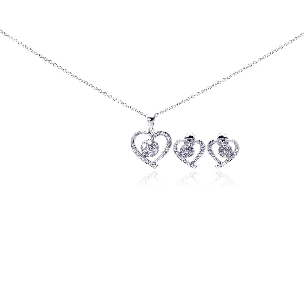 Sterling Silver Rhodium Plated Open Heart Clear Outline CZ Stud Earring and Necklace Set
