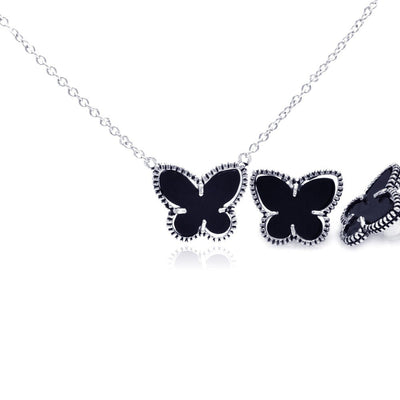 Sterling Silver Rhodium Plated Black Onyx Mini Butterfly Stud Earring and Necklace Set