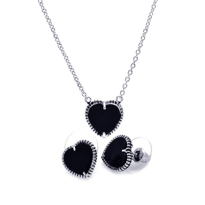 Sterling Silver Rhodium Plated Black Onyx Heart Stud Earring and Necklace Set