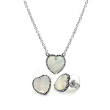 Sterling Silver Rhodium Plated Mother of Pearl Heart Stud Earring and Necklace Set
