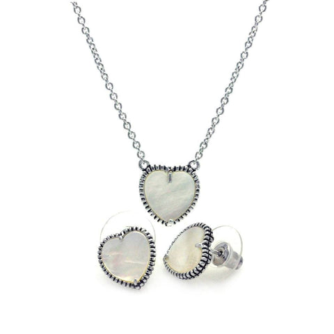 Sterling Silver Rhodium Plated Mother of Pearl Heart Stud Earring and Necklace Set