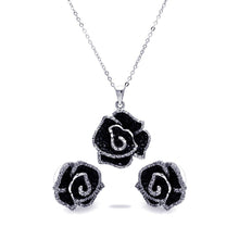 Load image into Gallery viewer, Sterling Silver Rhodium and Black Rhodium Plated Black and Clear Flower CZ Stud Earring and Necklace Set