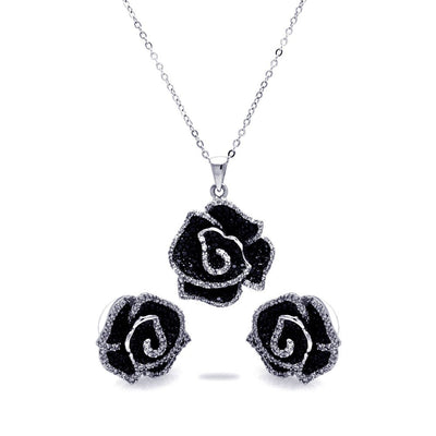 Sterling Silver Rhodium and Black Rhodium Plated Black and Clear Flower CZ Stud Earring and Necklace Set