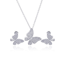 Load image into Gallery viewer, Sterling Silver Rhodium Plated Clear Pave Set Butterfly CZ Stud Earring and Necklace Set