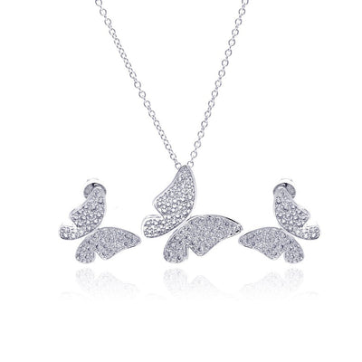 Sterling Silver Rhodium Plated Clear Pave Set Butterfly CZ Stud Earring and Necklace Set