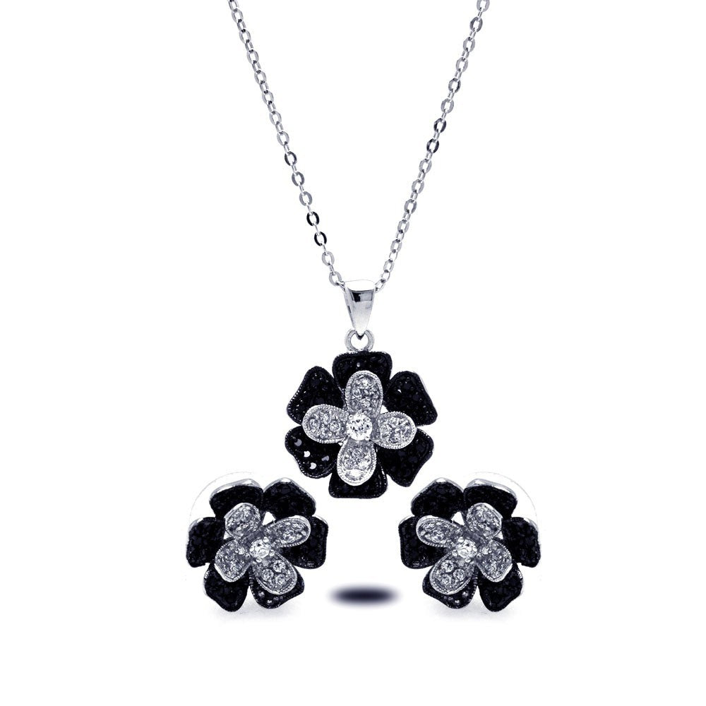 Sterling Silver Rhodium and Black Rhodium Plated Black and Clear Pave Set Flower CZ Stud Earring and Dangling Necklace Set