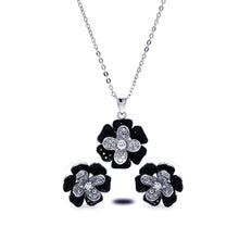 Load image into Gallery viewer, Sterling Silver Rhodium and Black Rhodium Plated Black and Clear Pave Set Flower CZ Stud Earring and Dangling Necklace Set