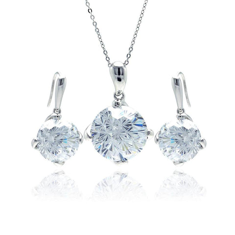 Sterling Silver Rhodium Plated Large Round Clear CZ Hook Earring and Dangling Necklace Set