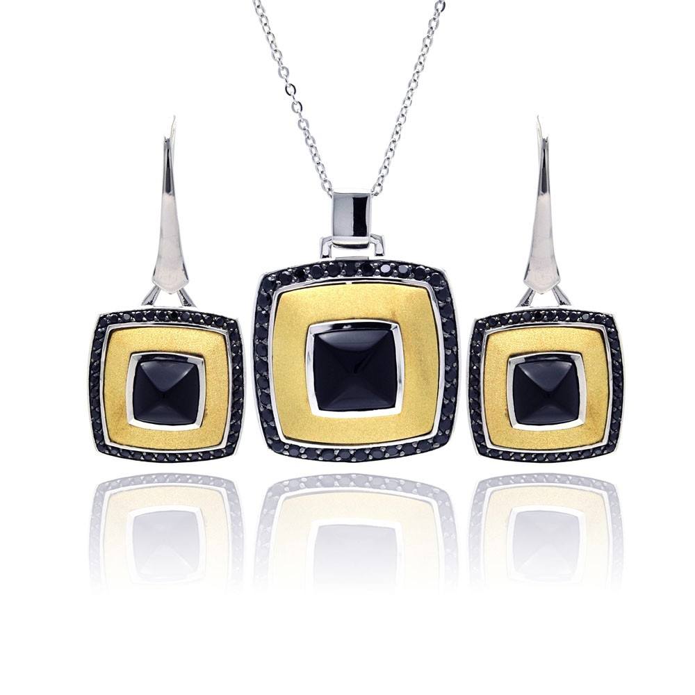 Sterling Silver RhodiumBlack Rhodiumand Gold Plated Square Black CZ Leverback Earring and Necklace Set