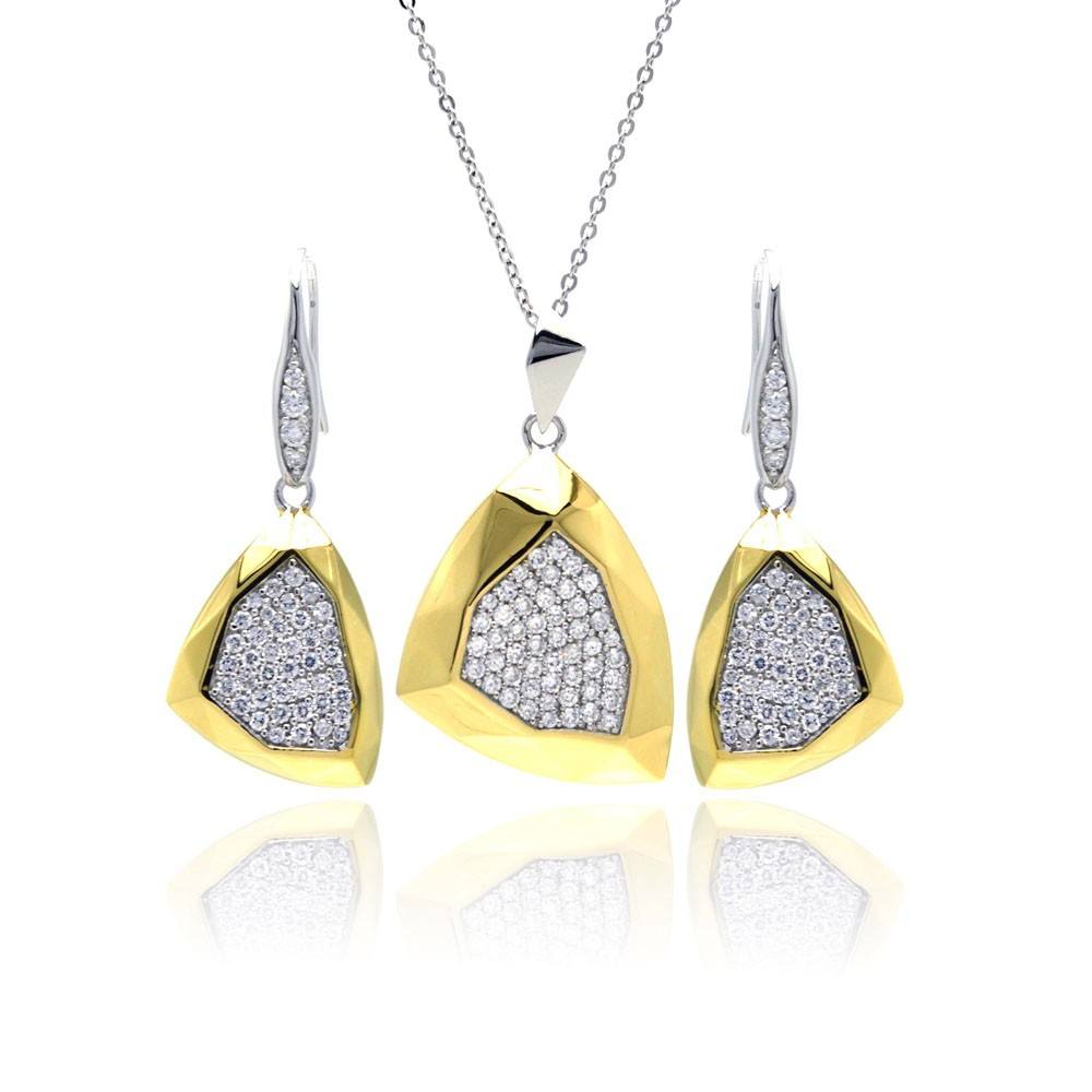 Sterling Silver Rhodium and Gold Plated Hammered Triangle Clear Pave Set CZ Leverback Earring and Necklace Set