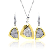 Load image into Gallery viewer, Sterling Silver Rhodium and Gold Plated Hammered Triangle Clear Pave Set CZ Leverback Earring and Necklace Set